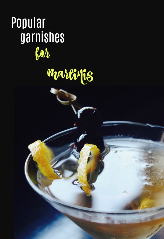 garnished martini with a text overlay Garnishes for martinis