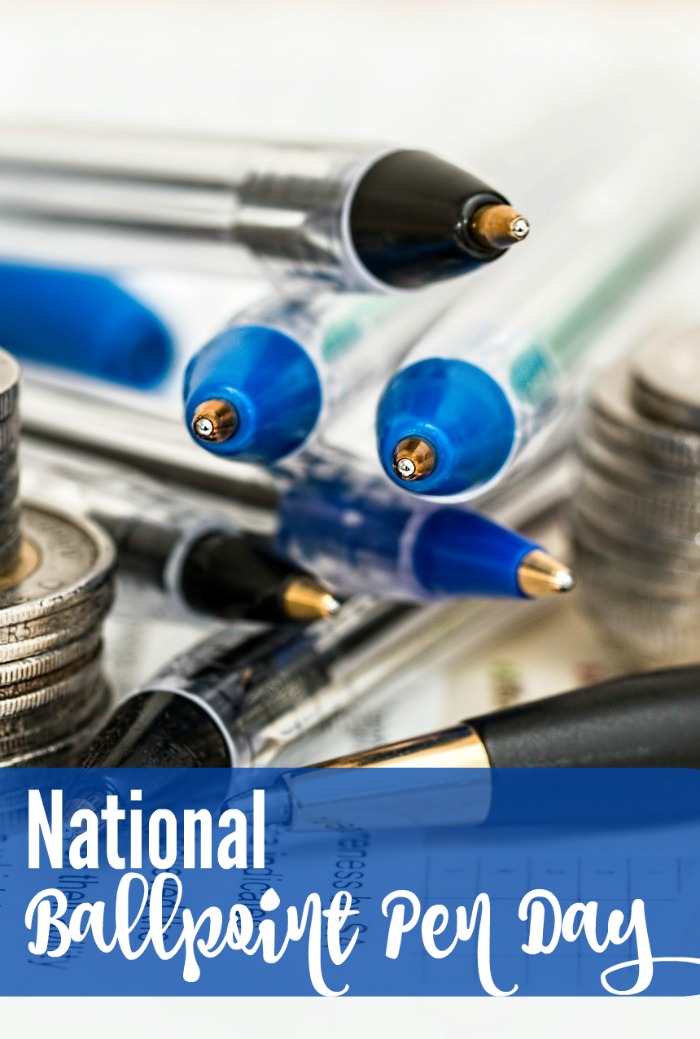 ballpoint pens and coins with a text overlay June 10 is National Ballpiont Pen Day