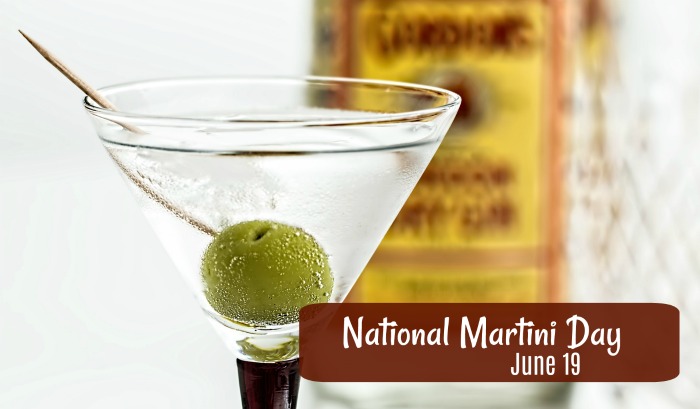 martini, with olive, a bottle of gin and a text overlay June 19 is National Martini Day