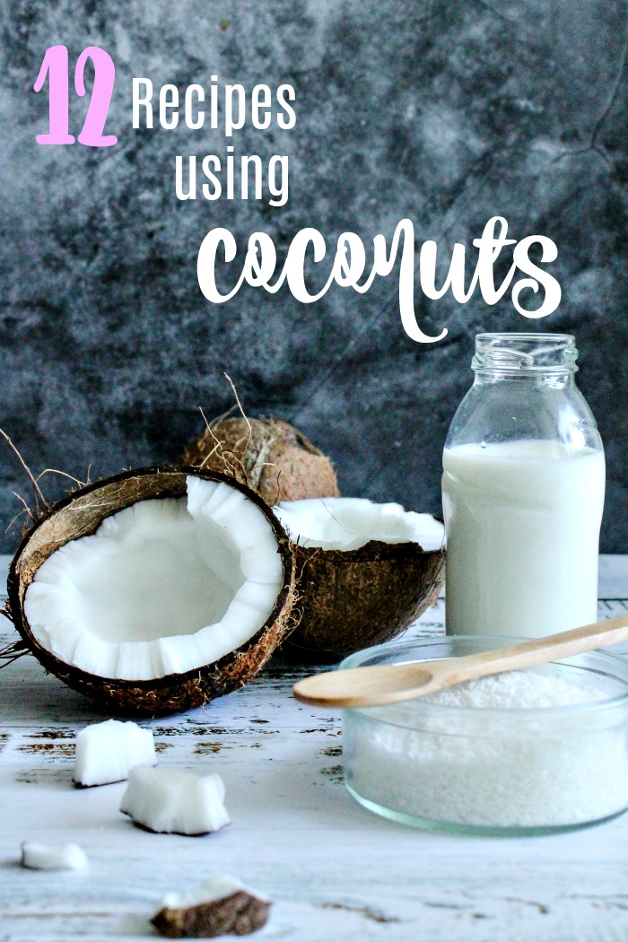 coconut milk, and fresh coconuts with a wooden spoon and sugar with a text overlay reading "12 recipes using coconuts." Coconut milk, and fresh coconuts with a wooden spoon and sugar with a text overlay reading 12 recipes using coconuts.