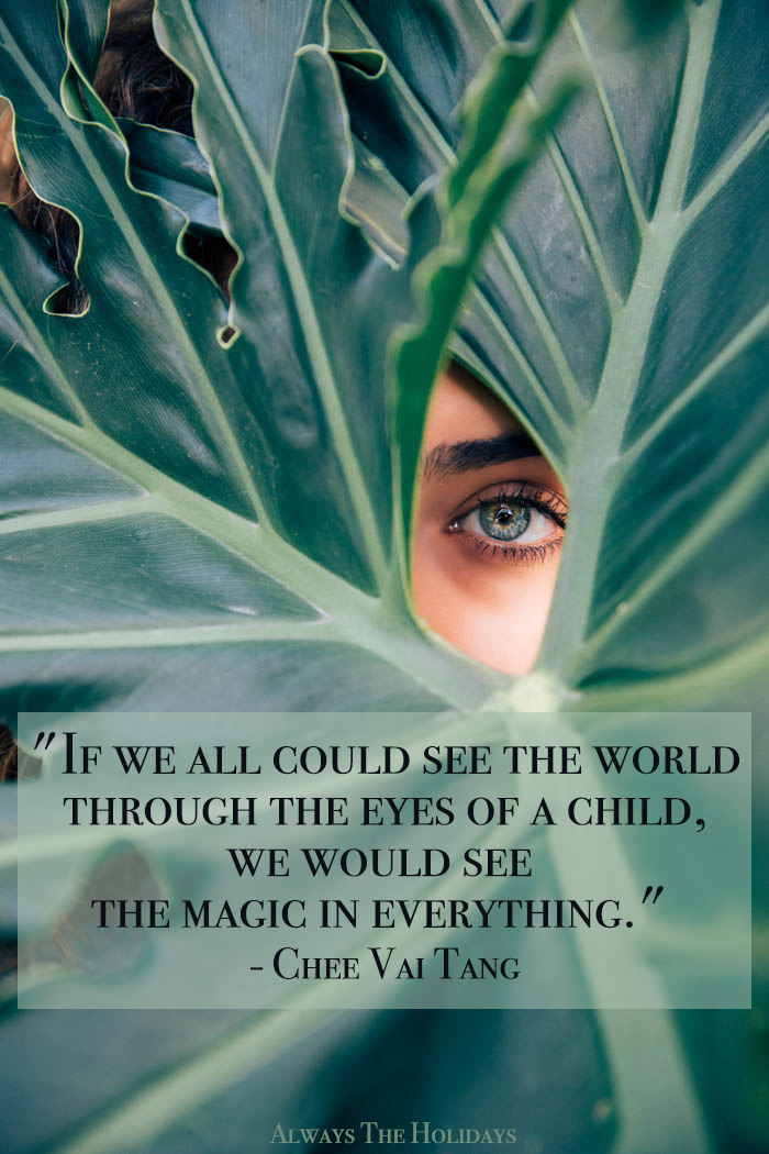 A woman's eye looking through a large elephant ear leaf with a text overlay that reads "If we all could see the world through the eyes of a child, we would see the magic in everything." - Chee Vai Tang If we all could see the world through the eyes of a child, we would see the magic in everything quote