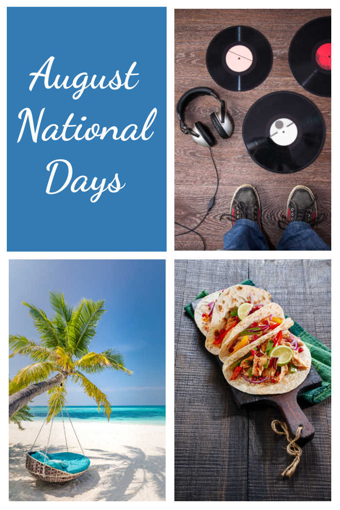 August National Days. Vinyl records, beach scene, fajitas and words August National Days to represent three of the national days in August: National Vinyl Record Day, National Beach Day and National Fajita Day.