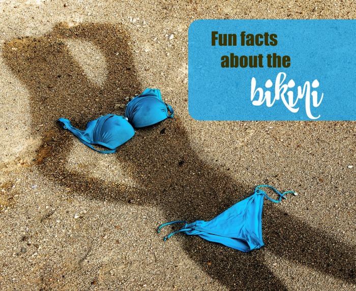 shadow of a girl on the beach with a swimsuit on it and the words "Fun facts about the bikini." Fun facts about the bikini