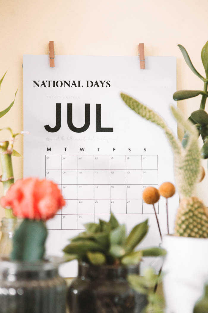 July national days Wall calendar, plants and words Jul national days.