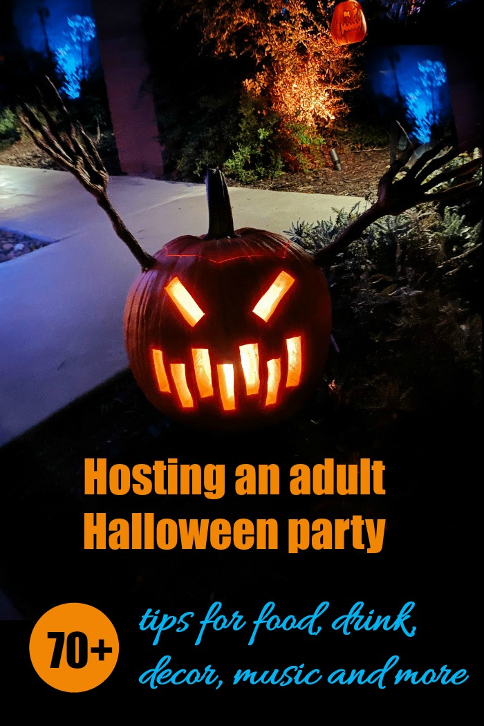 Jack O Lantern with blue flames and the words "hosting ad adult Halloween part. &0+ tips for food, drink, decor, music and more." Adult Halloween party ideas - food, drink, decor, lighting, music and more great tips