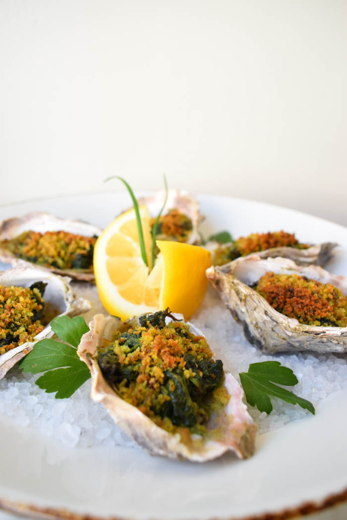 photo of an oyster recipe, Rockefeller Oysters to be specific. Oyster recipe