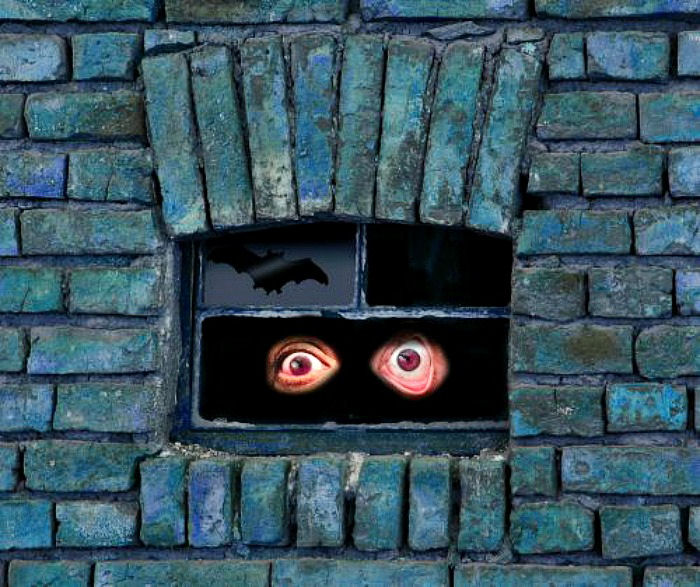 spooky face in a black window on a blue brick house. Spooky window