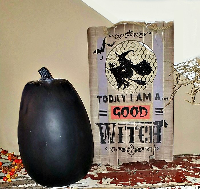 Black pumpkin and berries with a sign that reads "Today I am a good witch." Black pumpkin and good witch sign
