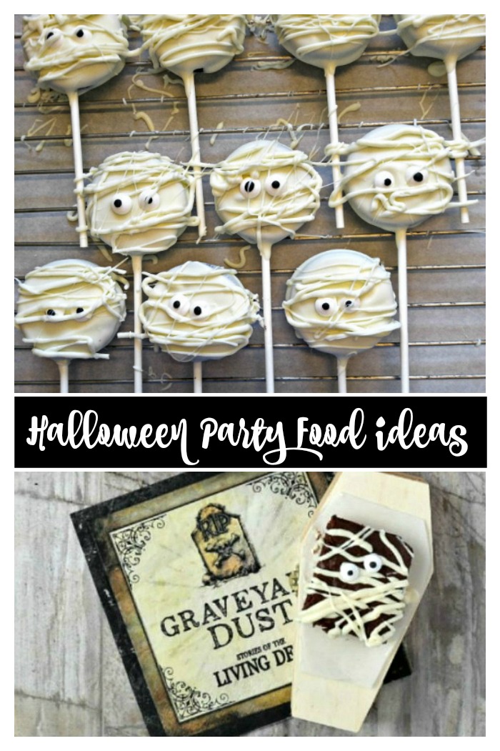 mummy pops on a stick and mummy brownies with text reading "Halloween party food ideas." Halloween party food featuring mummy pops and brownies