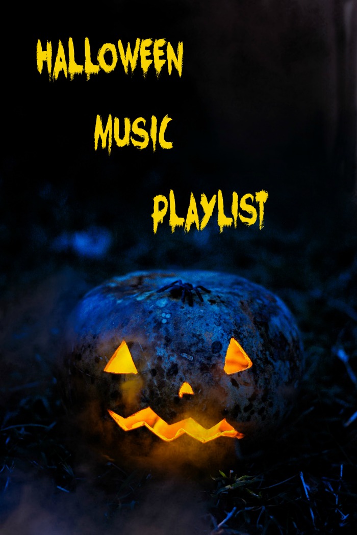 Blue pumpkin with candle inside and words "Halloween music playlist." Halloween music playlist