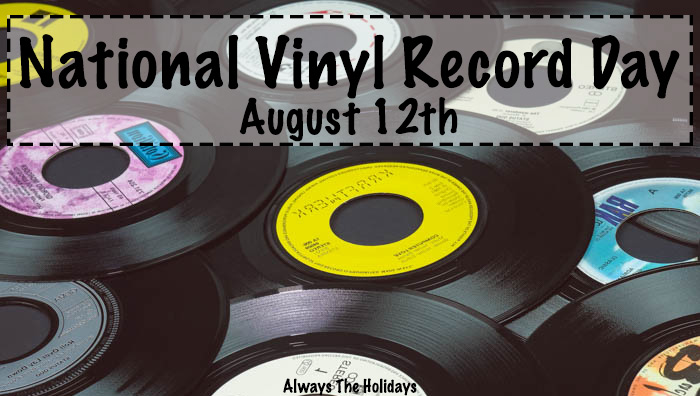 a pile of records with a text overlay reading national vinyl record day august 12 national vinyl record day