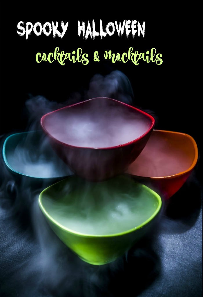 dry ice in bowls with the words "spooky Halloween cocktails & mocktails Spooky Halloween cocktails and mocktails for an adult Halloween party