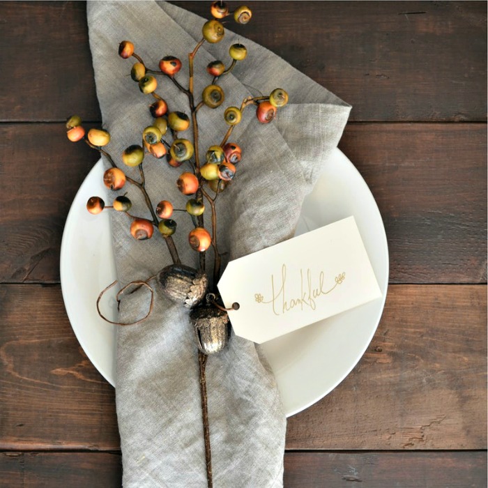 Napkin with Thankful card and branch of nuts and acorns