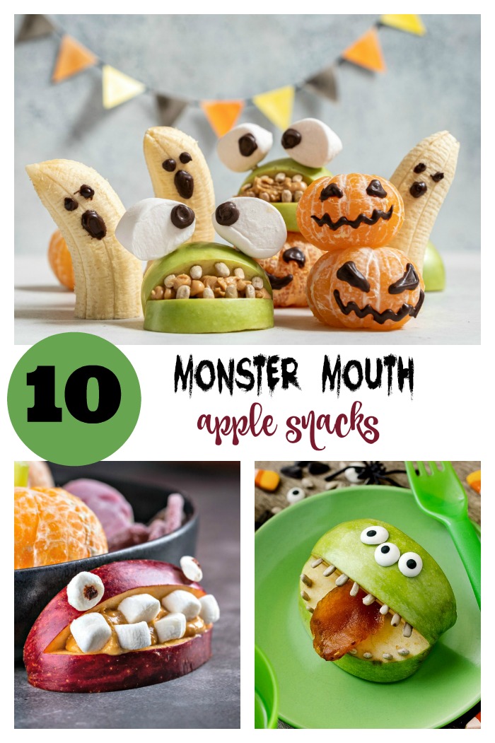monster mouth Halloween snacks. Halloween apple snacks in a collage with words reading "10 Monster Mouth Halloween Snacks."
