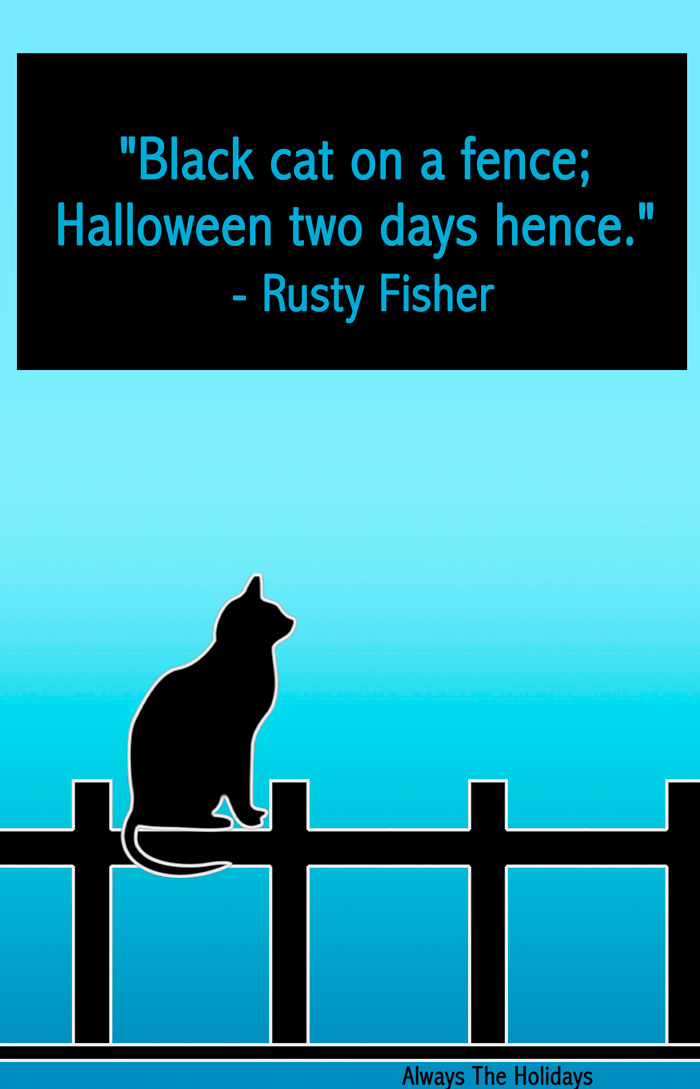Black cat on a fence with a black cat Halloween quote text overlay. A black cat silhouette on a fence with a quote overlay reading "Black cat on a fence; Halloween two days hence.".