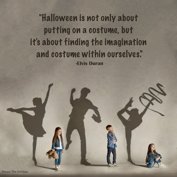 Three kids with imaginative shadows and a Halloween quote text overlay. Three children with their shadow behind them projected as who they dream to be with an inspirational Halloween quote text overlay.