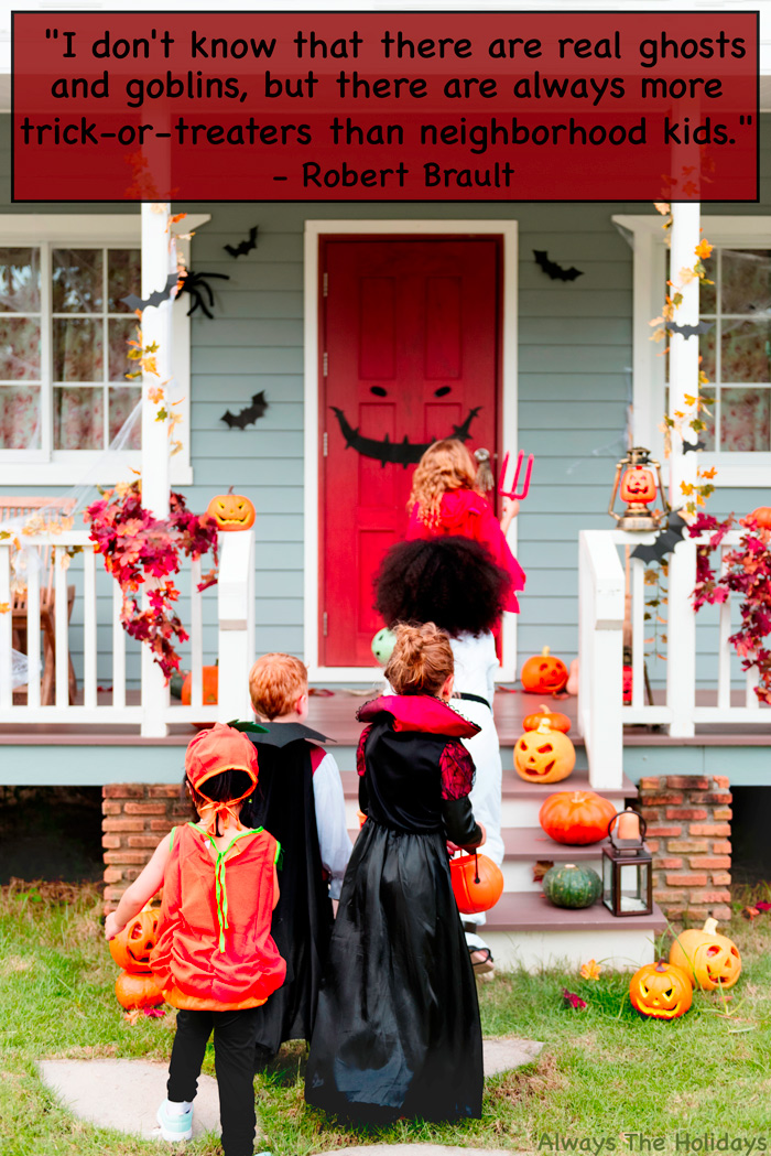Kids trick or treating with a funny Halloween quote overlay. A group of children trick or treating with a funny Halloween quote overlay.