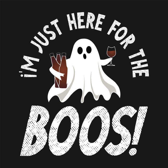 A ghost holding wine with a quote reading "I'm just here for the Boos!". A funny Halloween quotes graphics reading "I'm just here for the Boos!" depicting a ghost holding wine.