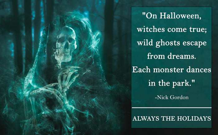 A skeleton ghost in the woods with a scary Halloween quote overlay. A skeleton ghost in the woods wearing a see-through cloak with a scary Halloween quote overlay.