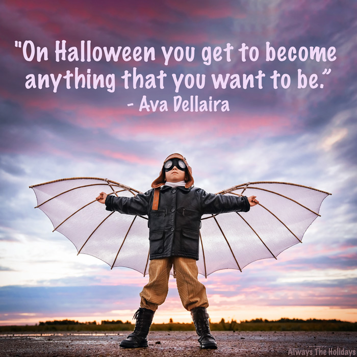 A little boy with aviation wings and an inspirational quote overlay. A little boy wearing aviation wings with a quote reading "On Halloween, you get to become anything you want to be".