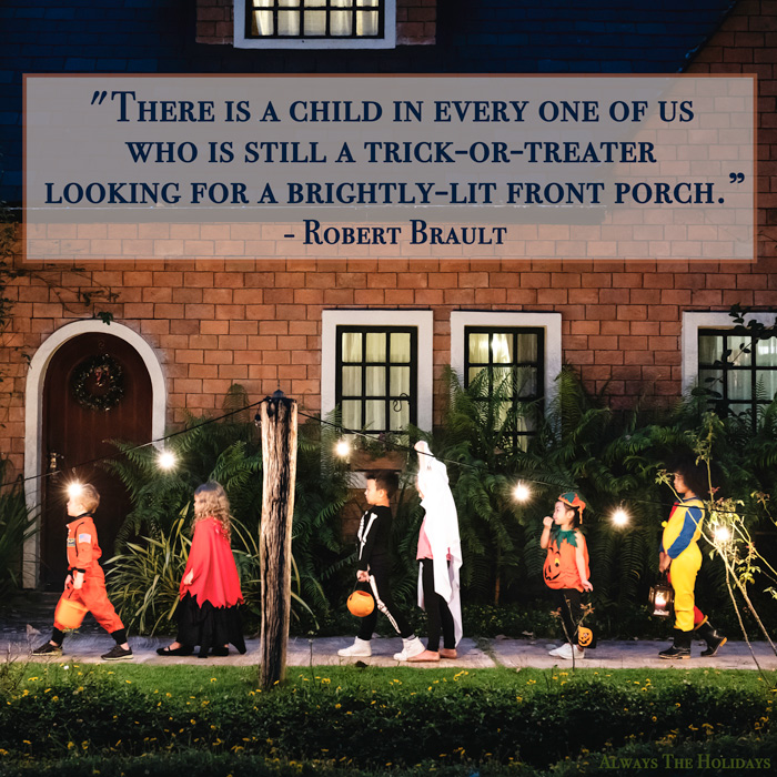 Kids trick-or-treating with a cute Halloween quote overlay. Children in Halloween costumes trick-or-treating with a cute Halloween quote text overlay.