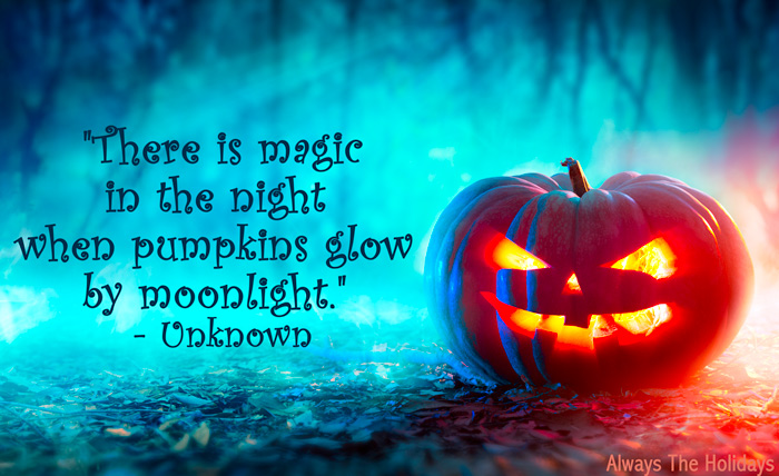 Glowing pumpkin in the woods with a Halloween quote. A gleaming jack-0-lantern in the woods with a cute Halloween quote overlay.