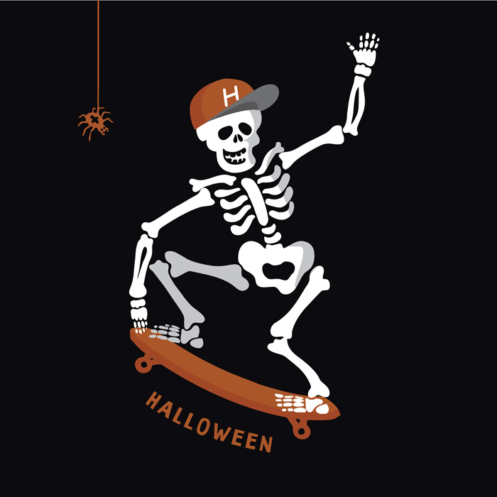 A skeleton riding a skateboard jumping over the word Halloween. A skeleton riding a skateboard jumping over the word Halloween.