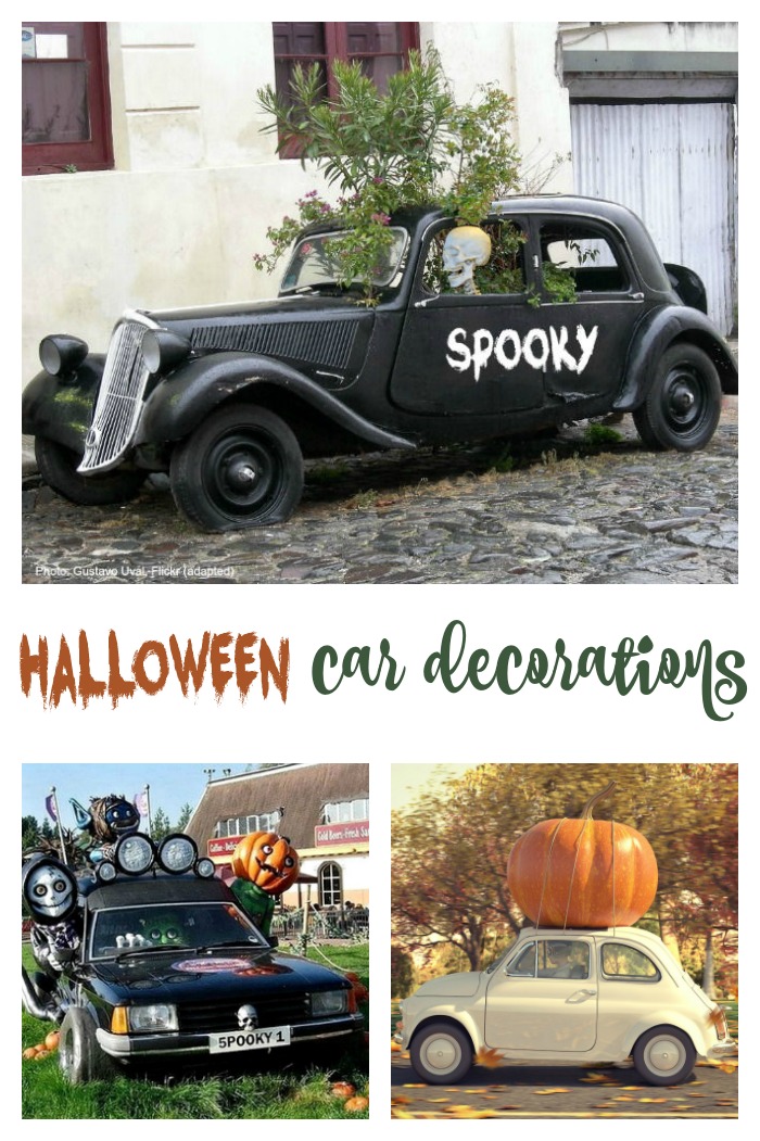 spooky car, hearse and pumpkin car collage Text reading Halloween car decorations collage