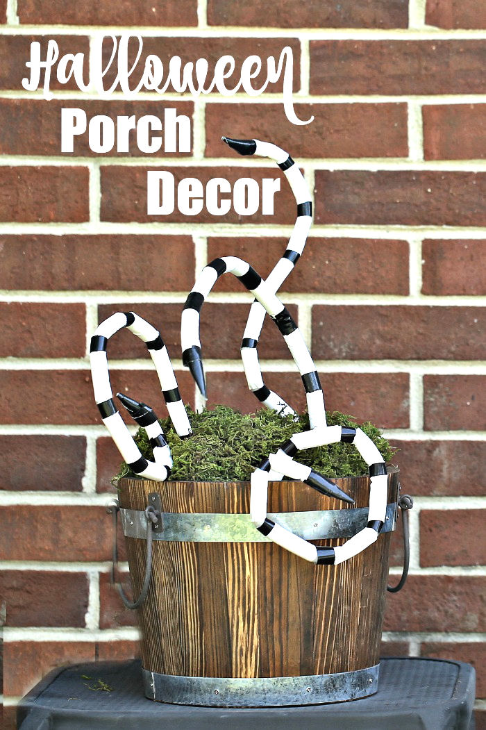 Halloween porch decor with snakes. Beetlejuice inspired Halloween porch decor with snakes in a bucket.