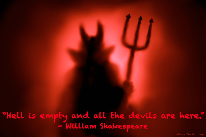 A red devil with a spooky quote overlay. A red devil silhouette with a spooky halloween quote overlay.