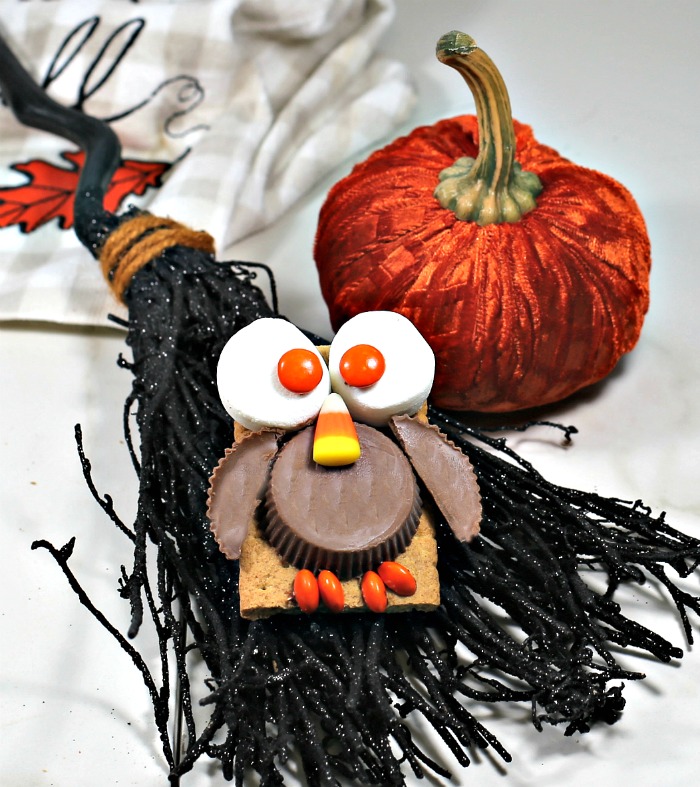 Fun owl cookie treat. Owl cookie on a broom with a pumpkin.