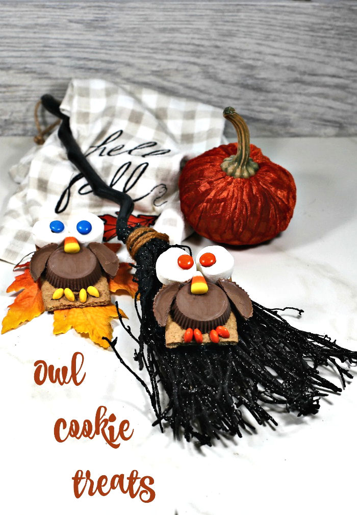 owl cookie treats. Two owl cookies with a broom and pumpkin with text reading Owl cookie treats.