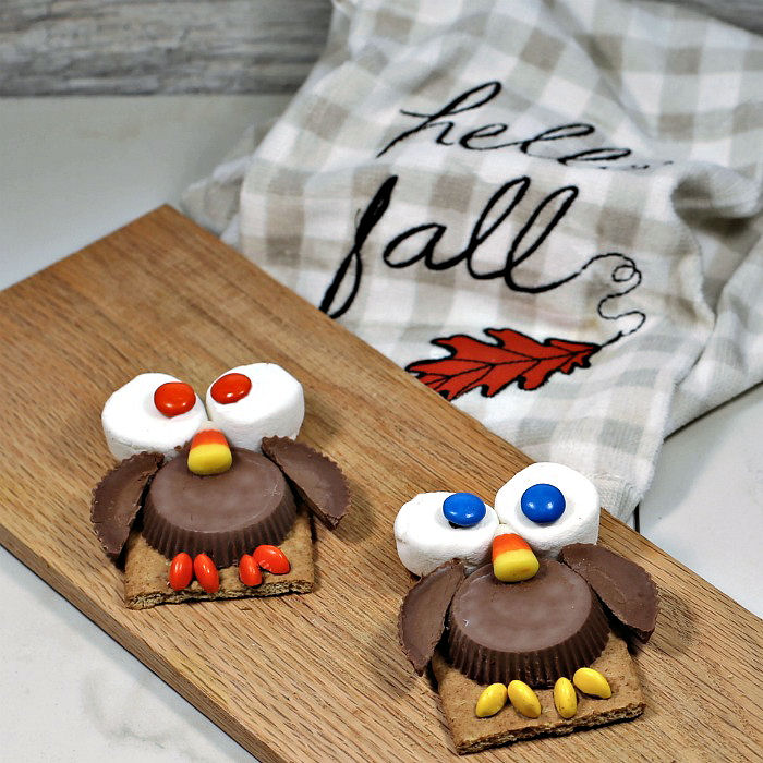 Owl cookie treats Owl Cookie Treats on a wooden board near a fall towel.