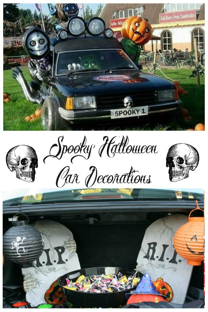 spooky Halloween car decorations Collage with the words reading "Spooky Halloween car decorations" and two skulls.