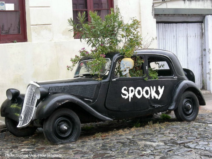 spooky skeleton car Skeleton sitting in s car marked spooky.