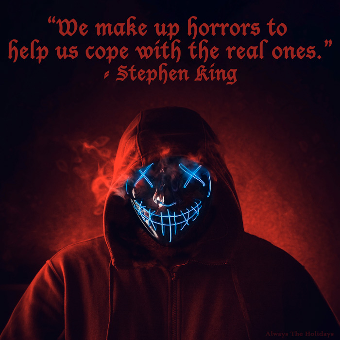 A man in a red hoodie with scary mask and Halloween quote text overlay. A man with a neon blue mask wearing a hoodie in a red fog with a Stephen king Halloween quote text overlay.