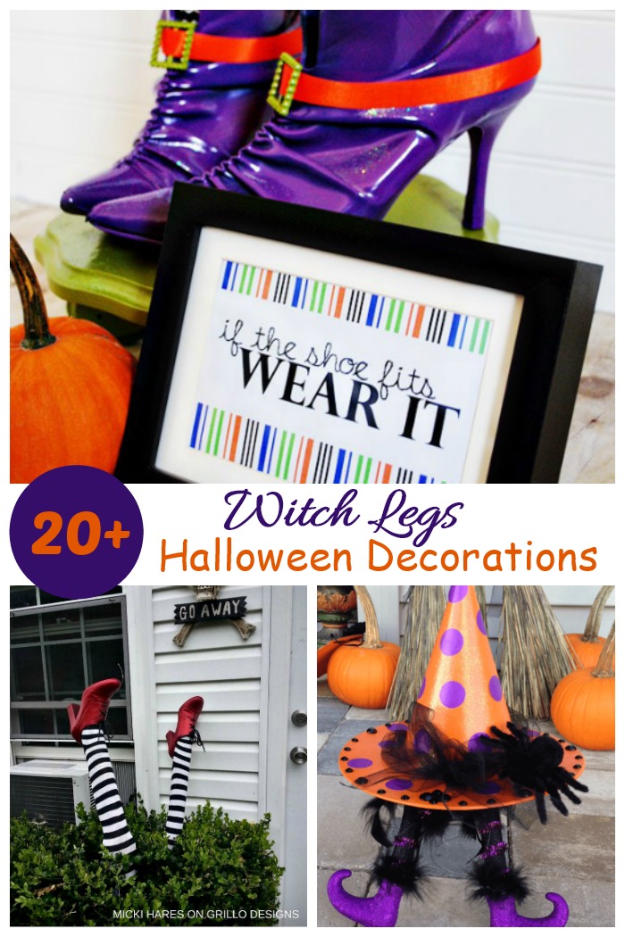 Witch legs collage with words reading "20" witch legs Halloween decorations."