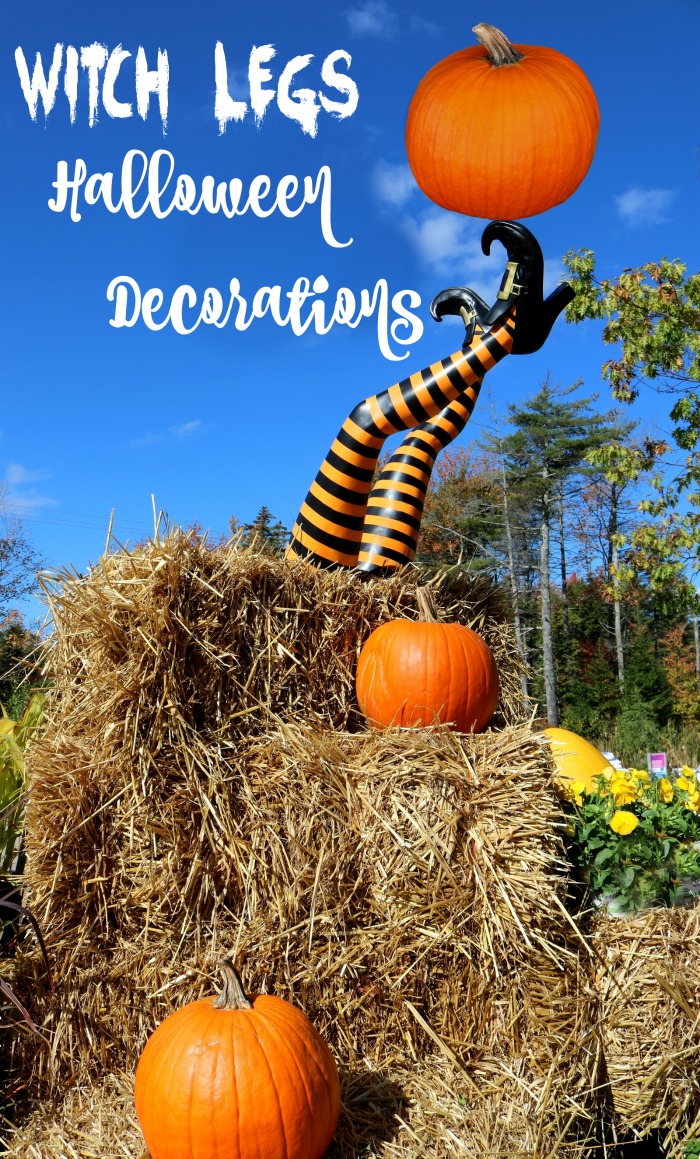 Projects using witch legs for decorating. Witch legs in a bale of hay with pumpkins and the words Witch legs Halloween Decorations."
