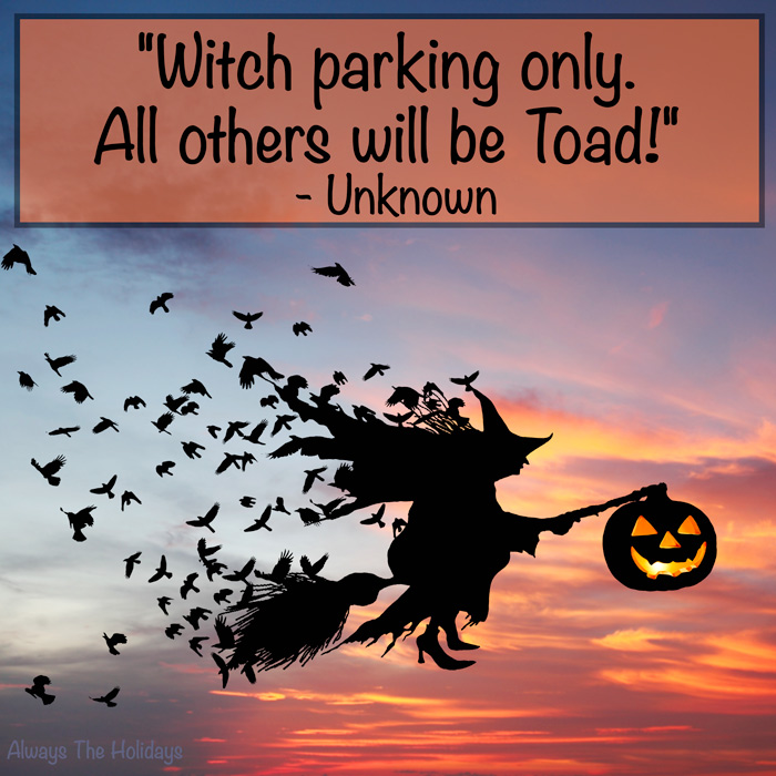 A witch silhouette riding a broom holding a jack-o-lantern with a halloween quote. A witch silhouette riding a broom holding a jack-o-lantern with a Hallowen quotes overlay.