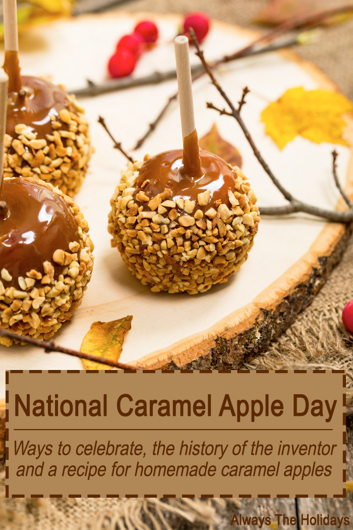 Fall caramel apples on a wooden slab with fall decor. Autumnal caramel apples on a wooden slab with a text overlay reading "National caramel apple day, ways to celebrate, history of the inventor and a recipe for homemade caramel apples".