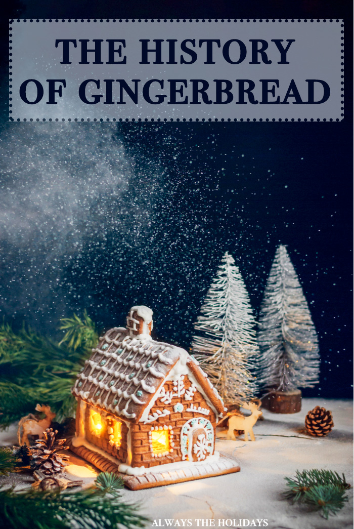 A gingerbread house dressed with Christmas decorations and a text overlay reading "The History of Gingerbread".