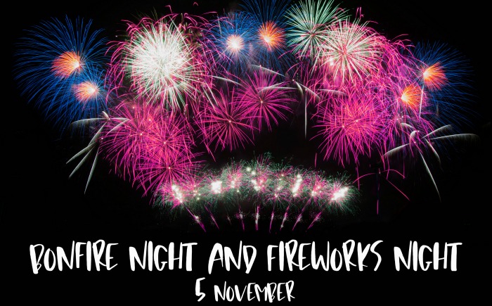Fireworks with words reading "Bonfire night and fireworks night - 5 November."