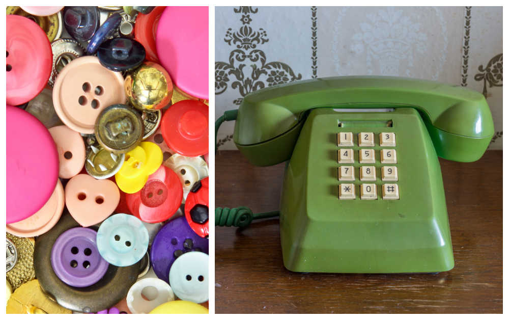 Two fun button days! Pile of buttons and green push button phone.
