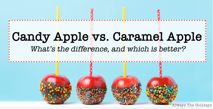 Four candy apples on sticks covered with chocolate and sprinkles. Four candy apples coated with chocolate and sprinkles with a text overlay reading "Candy apple vs caramel apple what's the difference and which is better?".