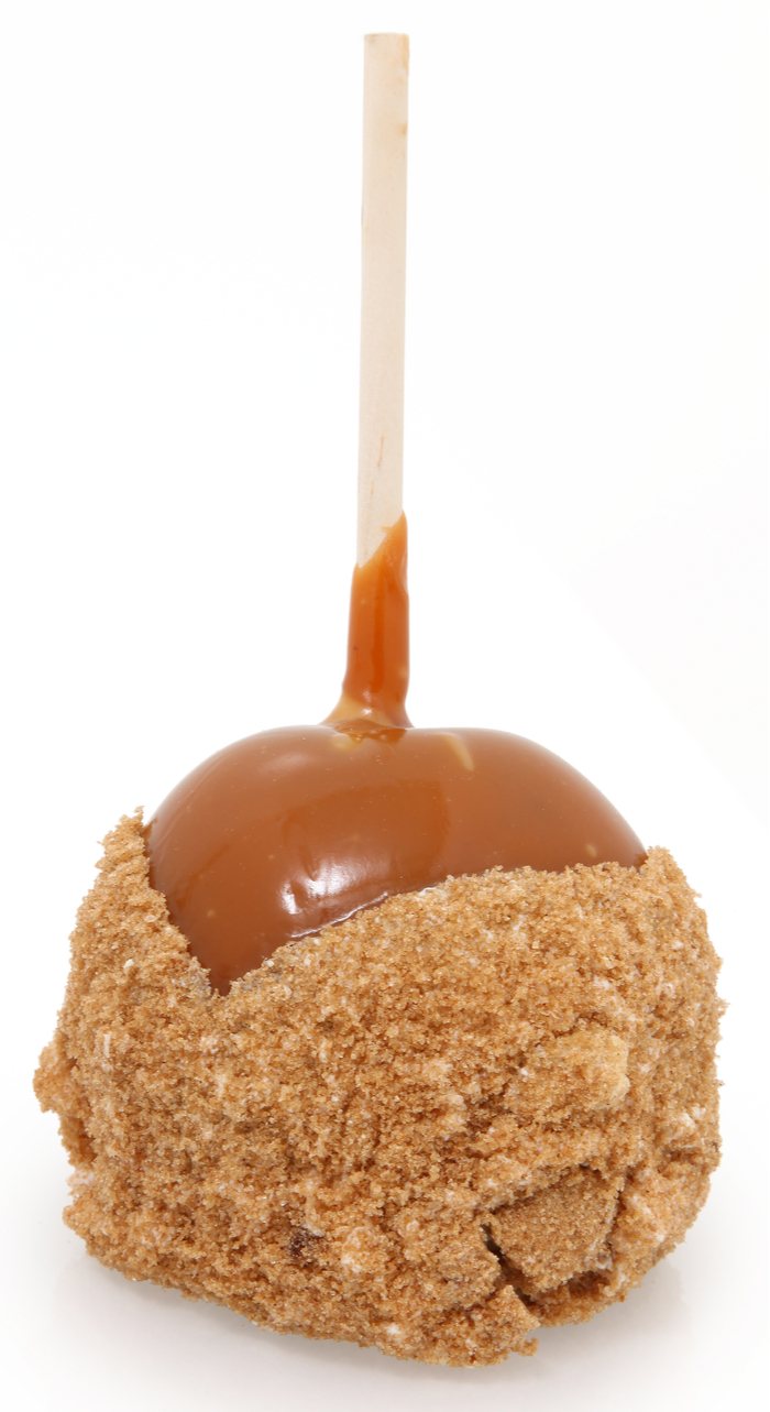 A single caramel apple coated with graham crackers. A single caramel apple coated with graham crackers.