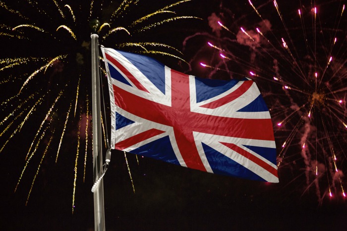 Fireworks and the UK flag.