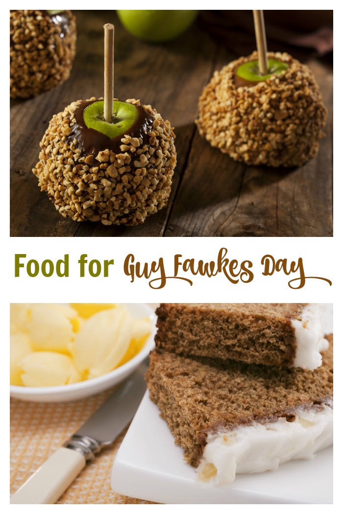 Parkin cake and Toffee Apples with words reading "food for Guy Fawkes Day."