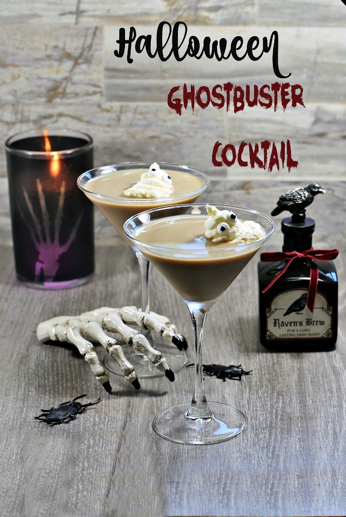 Halloween Ghostbuster cocktail Creamy drink with ghost garnish and text reading Halloween ghostbuster cocktail