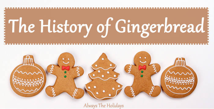 Five Christmas themed gingerbread cookies with a text overlay reading "The History of Gingerbread".