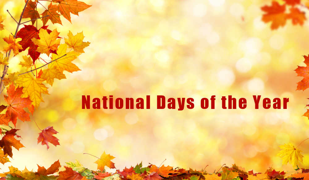 National Days of the Year fall leaves with orange bokeh background and words National Days of the Year.